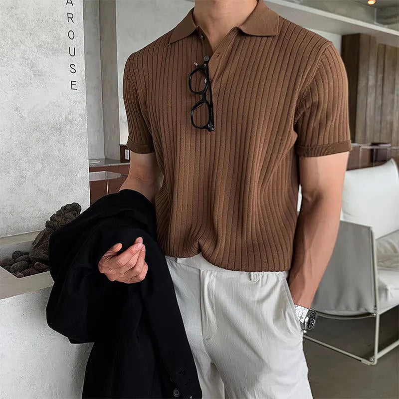 Ribbed Button Polo Shirt