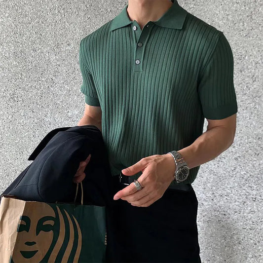 Ribbed Button Polo Shirt